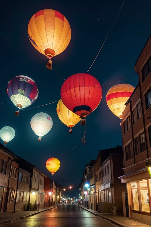 Night Sky　Lots of glowing balloons　Townscape　photograph