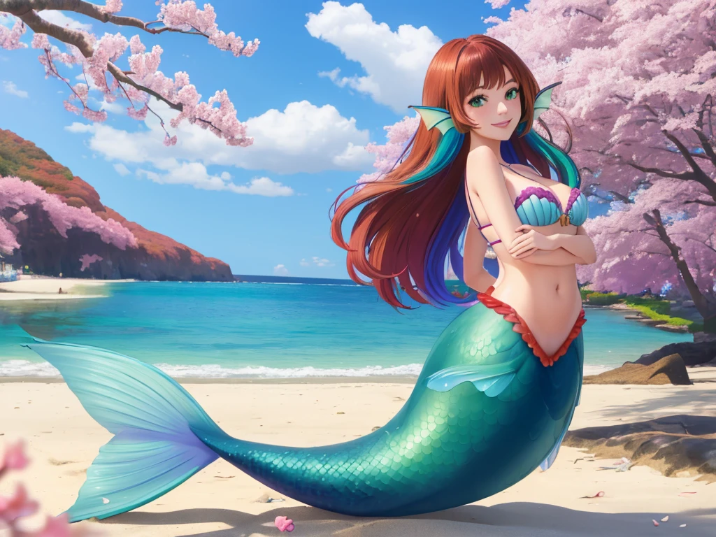 masterpiece, best quality:1.2), 1girl, smile, looking at viewer, green eyes, short brown multicolored hair, mermaid, mermaid girl, wearing purple seashell bra, laying on beach, colorful mermaid tail, outdoors, head fins, fin ears, under cherry blossoms