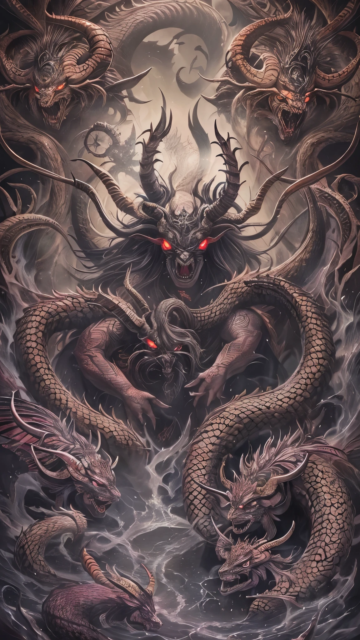 ((Highest quality)),(Ultra-high resolution),(Very detailed),(Detailed Description),((The best CG)),(A masterpiece),Ultra-detailed art,素晴らShii絵画芸術,(Fantasy art with intricate detail:1.5), (nightmare:1.6),(Female Devil:1.5),(spider),(scorpion),(snake),(goat),(bat),(Dragon),((Fusion:1.6)), Vulgarity,(Evil:1.3),disaster々Shii,(Tattoo:1.6),Darkness:1.3,