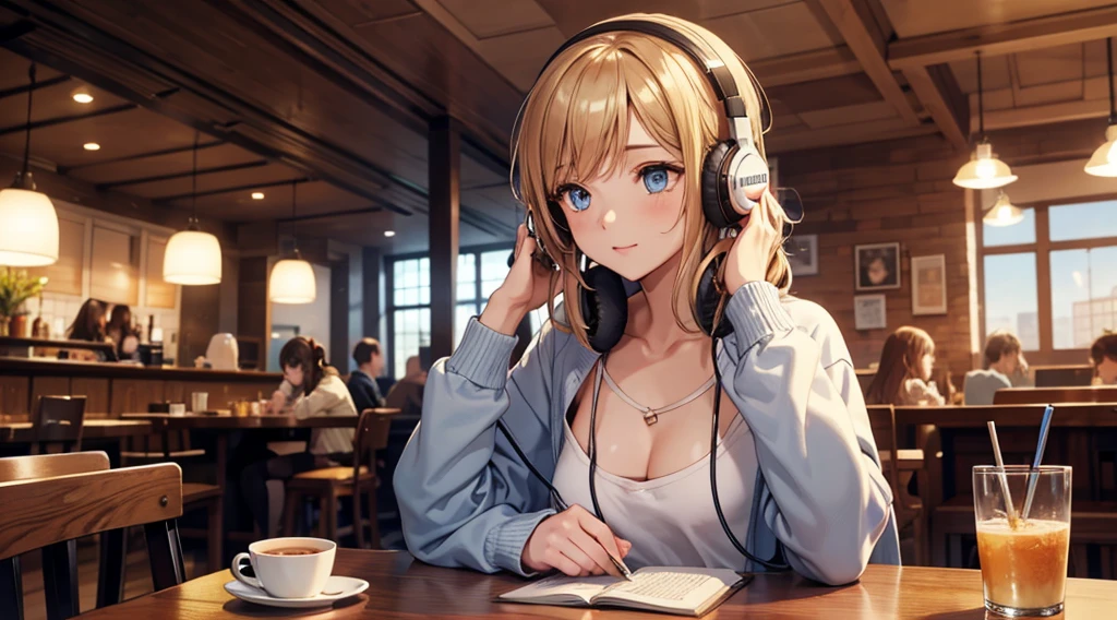 Girl with headphones enjoying music in a cafe I am studying Emphasize a little bit of the chest
