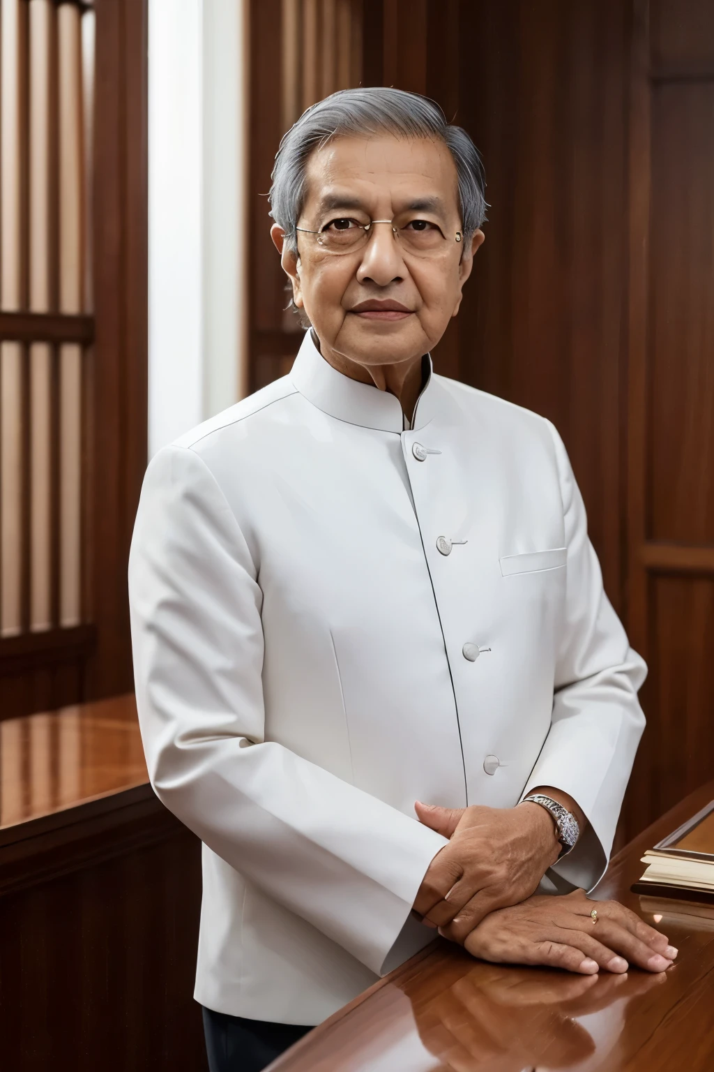 (The Extremely Detailed, Highly Respected, Official Portrait of Mahathir Mohamad, Best Quality, Ultra-detailed), Rich and Warm Brown Background, 95-year-old Malaysian prime minister, Respected political leader, Receding Silver Hair, Distinctive Boston-style mustache, Deep-set eyes, Strong jawline, Serious expression, Dressed in a traditional Malay attire, White Baju Melayu with Songkok, Majestic and Commanding, Public Office, Sitting at a desk, Hands folded, Looking towards the future, Light shining from a nearby window, Curbside of the Prime Minister's Office, Kuala