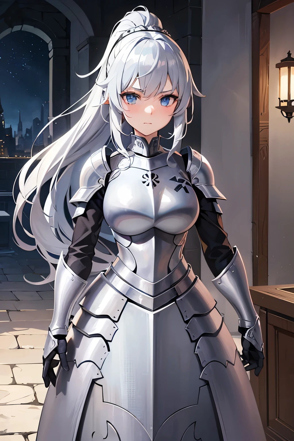 Beautiful girl knight in armor, Gray Hair, tsurime, fantastic, Face your body forward like a certificate photo, shoot from front, Ponytail, Armor Girl, beautiful female knight, Female Paladin, pale blue eyes, narrowed eyes
squint