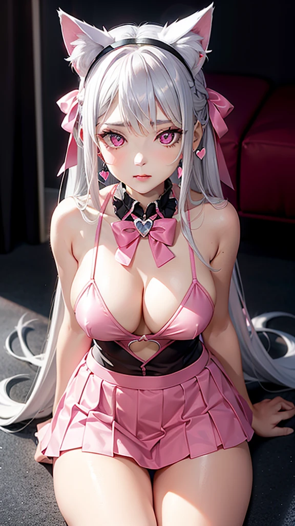 Silver hair, pink eyes, body, cat ears, sexy girl, earrings, hearts background fantasy, red pink skirt uniform, hair bows, sit down 