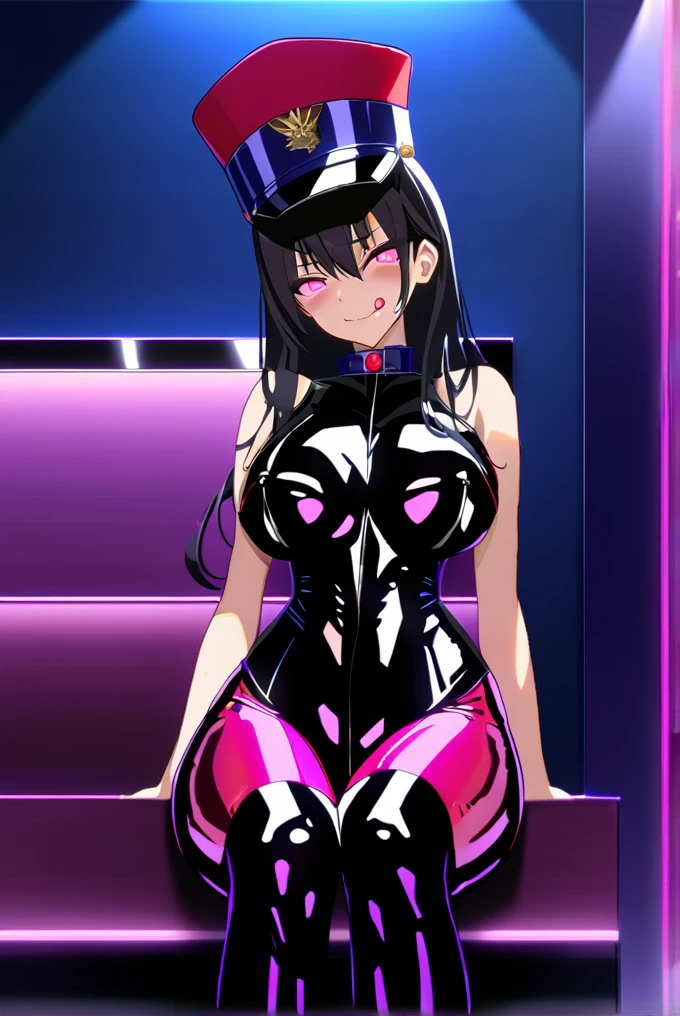 masterpiece, best quality, 1lady,black hair,long hair,glowing eyes, (finely detailed empty pupils and detailed face),,,,extremely detailed picture unity 8k wallpaper,solo,(latex military costume:0.9),large breasts,seductive smile,military hat,latex thighhigh,large breasts,black hair,pink eyes,black leotard,pantyhose,no sleeve,enamel suits,grossy lips,sitting,bust shot,sadistic smile,,heel