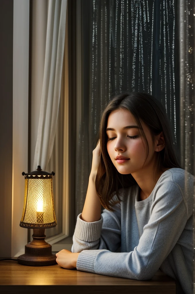 In a cozy room illuminated by the soft glow of an oil lamp, a young girl peacefully sleeps with her head resting on a table by the window. Outside, a gentle rain falls, creating a serene ambiance under a starry night sky. The room's curtains are slightly parted, revealing a distant cityscape blurred by the raindrops. The warm light from the lamp casts a comforting glow on the girl's serene face, highlighting her relaxed expression and the gentle rise and fall of her breath. This scene evokes a sense of calm, tranquility, and the simple beauty of a restful night.
