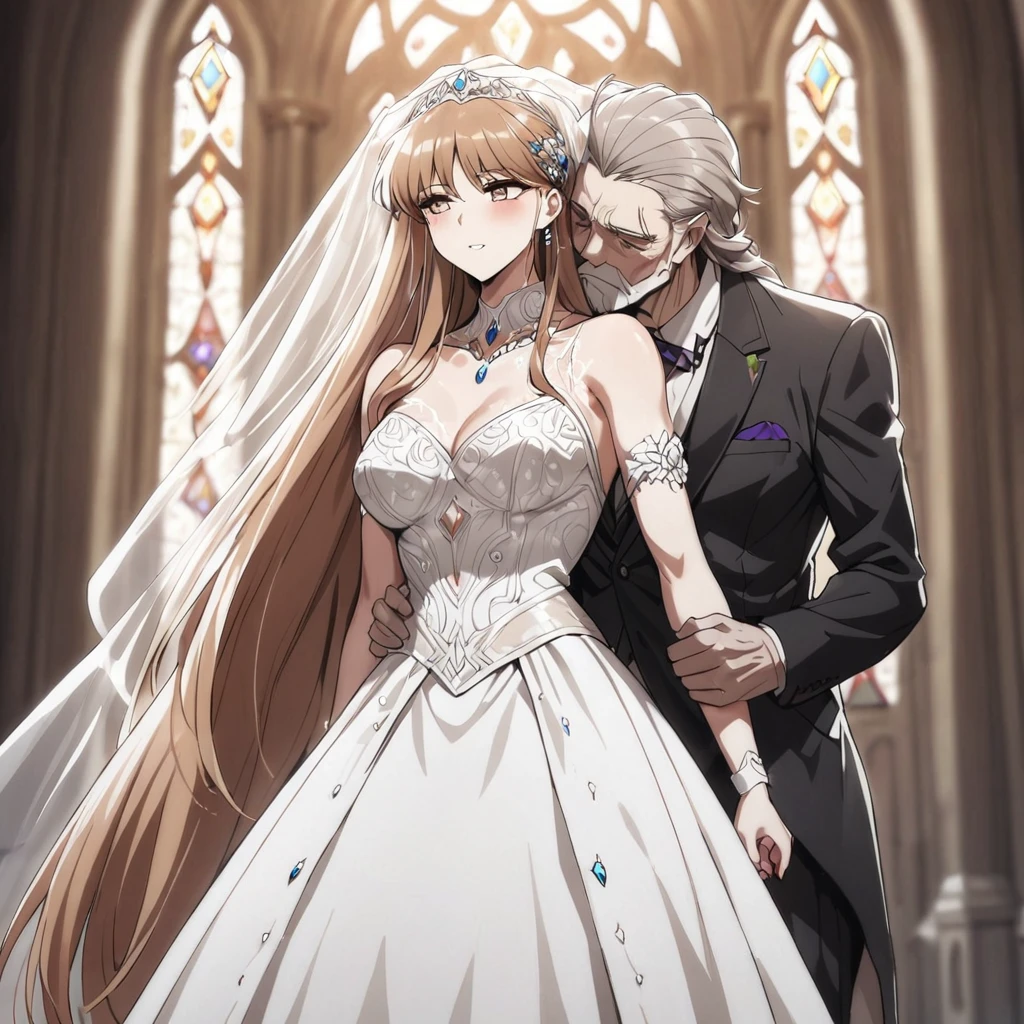 ((Highest quality)), ((masterpiece)), (detailed), (Perfect Face)、The woman is Princess Leona, a strong, dignified, and powerful old man who is a villain, and they embrace each other, kissing as they get married. She has medium-long light brown hair, and is wearing a gorgeous, glittering, and jeweled wedding dress and wedding veil. They are holding hands and kissing as they get married in a gorgeous church with the strong, dignified, and powerful old man who is a villain, the general.、The woman has medium-long hair, is brainwashed, has no expression, and has no highlights in her eyes.