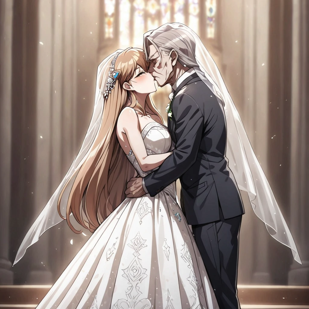 ((Highest quality)), ((masterpiece)), (detailed), （Perfect Face）、The woman is Princess Leona, a strong, dignified, and powerful old man who is a villain, and they embrace each other, kissing as they get married. She has medium-long light brown hair, and is wearing a gorgeous, glittering, and jeweled wedding dress and wedding veil. They are holding hands and kissing as they get married in a gorgeous church with the strong, dignified, and powerful old man who is a villain, the general.、The woman has medium-long hair, is brainwashed, has no expression, and has no highlights in her eyes.