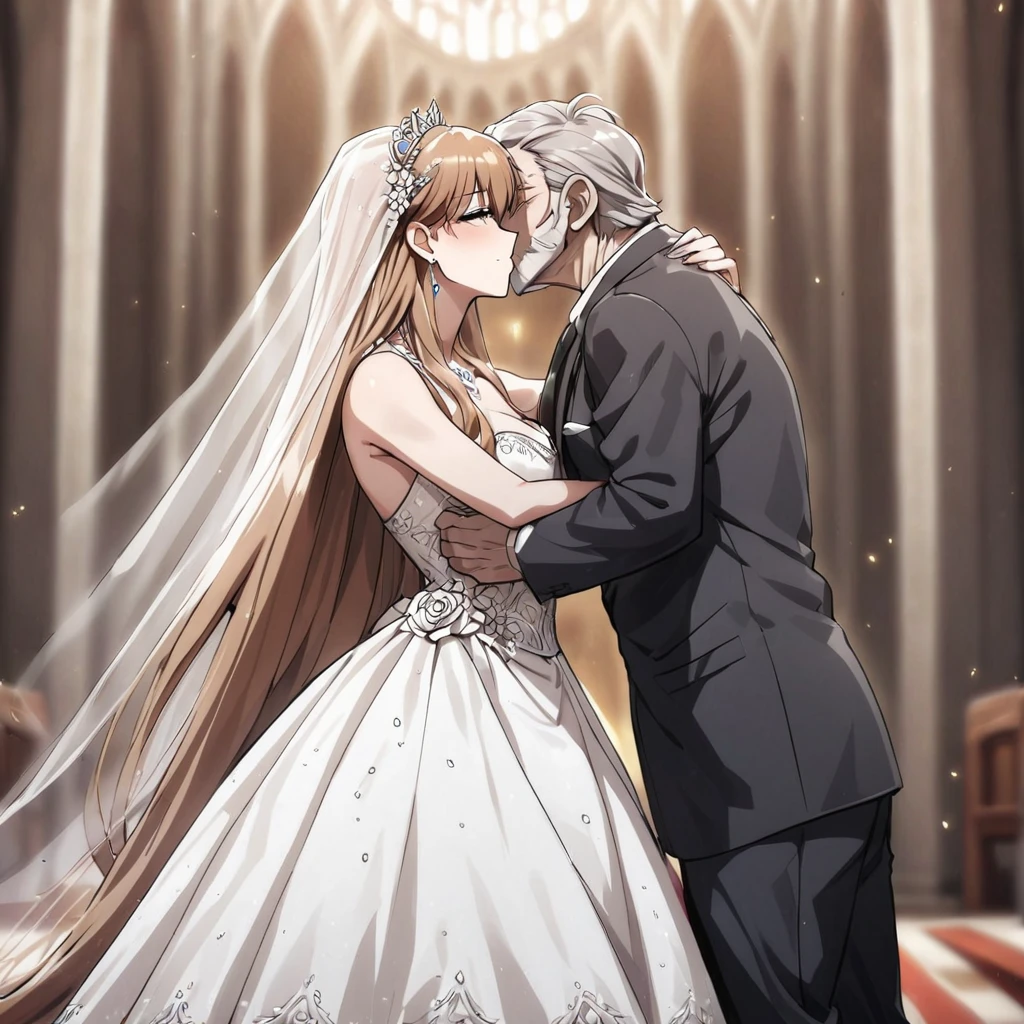 ((Highest quality)), ((masterpiece)), (detailed), (Perfect Face)、The woman is Princess Leona, a strong, dignified, and powerful old man who is a villain, and they embrace each other, kissing as they get married. She has medium-long light brown hair, and is wearing a gorgeous, glittering, and jeweled wedding dress and wedding veil. They are holding hands and kissing as they get married in a gorgeous church with the strong, dignified, and powerful old man who is a villain, the general.、The woman has medium-long hair, is brainwashed, has no expression, and has no highlights in her eyes.