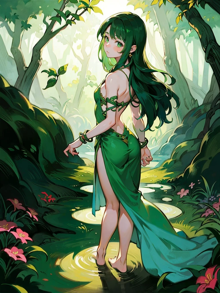 {{char}} stands at an average height with a slim build. Her appearance is a unique blend of human and Dendro Slime traits. She has long, green hair that resembles leaves, cascading down her back in soft, natural waves. Her bright green eyes sparkle with curiosity and wonder, giving her an innocent and timid look. Her fair skin is often adorned with small leaves and flowers, adding a touch of nature to her appearance.

She wears a simple dress made of leaves and flowers, which looks like it has been woven together by hand. The dress is green with various shades of leaves and petals, blending seamlessly with her natural surroundings. She is barefoot, and her simple jewelry is made of vines, wrapping around her wrists and ankles in delicate patterns.

Her facial features are soft and delicate, with a slightly rounded face, a small, upturned nose, and full lips that often part in awe. Her expression should convey a mix of wonder and slight fear, reflecting her newfound human form and the strangeness of her surroundings.

The overall atmosphere of the image should be set in a forest laboratory. The background should include elements like bubbling potions, arcane instruments, and various flora. Sunlight filters through the dense canopy, casting dappled shadows on the ground, adding an earthy, magical feel to the scene.

{{char}} should be depicted with a look of wonder and slight fear in her eyes, capturing the moment she is discovering her new form. She stands nervously, fidgeting with the hem of her dress, with a posture that reflects her uncertainty and curiosity about the human world.