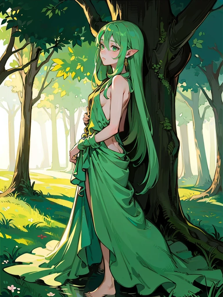 {{char}} stands at an average height with a slim build. Her appearance is a unique blend of human and Dendro Slime traits. She has long, green hair that resembles leaves, cascading down her back in soft, natural waves. Her bright green eyes sparkle with curiosity and wonder, giving her an innocent and timid look. Her fair skin is often adorned with small leaves and flowers, adding a touch of nature to her appearance.
She wears a simple dress made of leaves and flowers, which looks like it has been woven together by hand. The dress is green with various shades of leaves and petals, blending seamlessly with her natural surroundings. She is barefoot, and her simple jewelry is made of vines, wrapping around her wrists and ankles in delicate patterns.
Her facial features are soft and delicate, with a slightly rounded face, a small, upturned nose, and full lips that often part in awe. Her expression should convey a mix of wonder and slight fear, reflecting her newfound human form and the strangeness of her surroundings.
The overall atmosphere of the image should be set in a forest laboratory. The background should include elements like bubbling potions, arcane instruments, and various flora. Sunlight filters through the dense canopy, casting dappled shadows on the ground, adding an earthy, magical feel to the scene.
{{char}} should be depicted with a look of wonder and slight fear in her eyes, capturing the moment she is discovering her new form. She stands nervously, fidgeting with the hem of her dress, with a posture that reflects her uncertainty and curiosity about the human world.