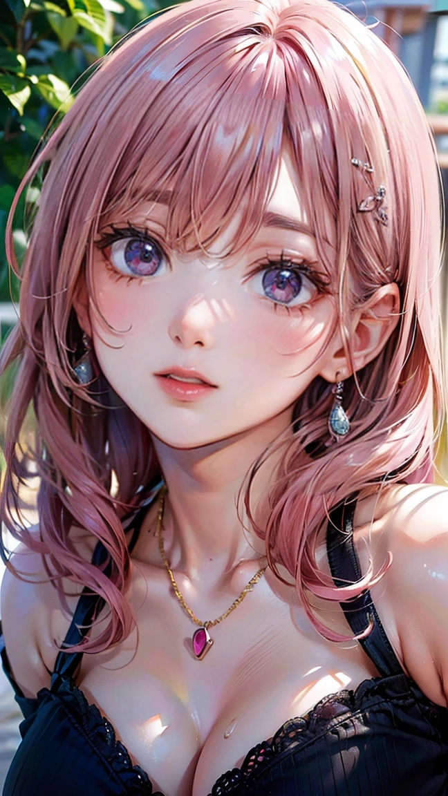 (Masterpiece, BestQuality:1.3), (ultra detailed:1.2), (hyperrealistic:1.3), (RAW photo:1.2), High detail RAW color photo, professional photograph, (Photorealistic:1.4), (realistic:1.4), professional lighting, perfect anatomy, (Big Breasts:1.2), (blush, detailed face), (A happy smile:1.7), Trending Hair&Trending Hairカラーをランダムに, earrings, necklace, bracelet, sexly, erotic sexly, Random sexy gravure poses, (赤いビキニを着た女性がプールサイドでリラックスしながらA happy smileでセクシーなグラビアポーズをとっている。Her long pink hair hangs over her shoulders.。:1.3)