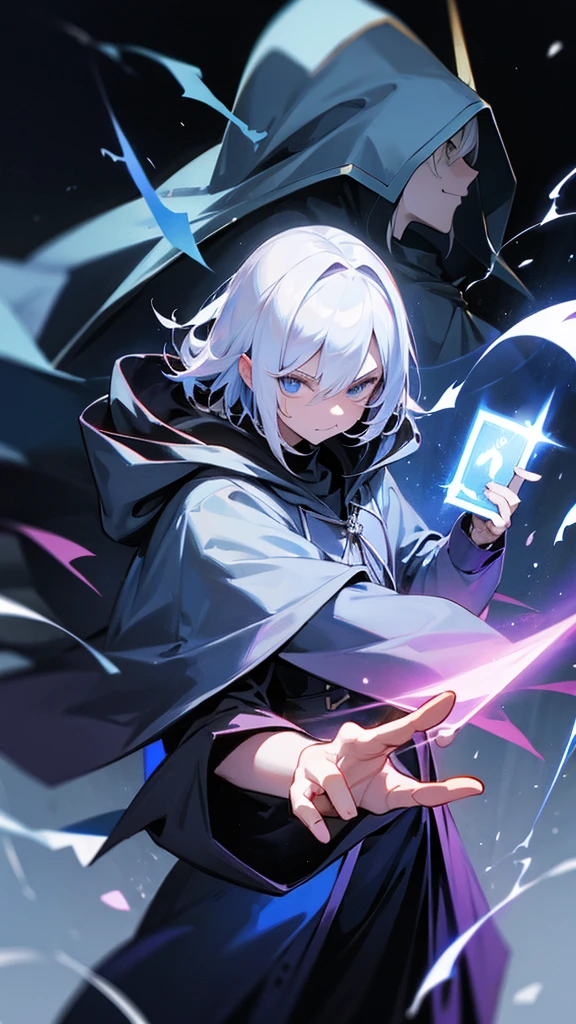 a hooded mage with the index finger on his mouth as if telling you to stay silent