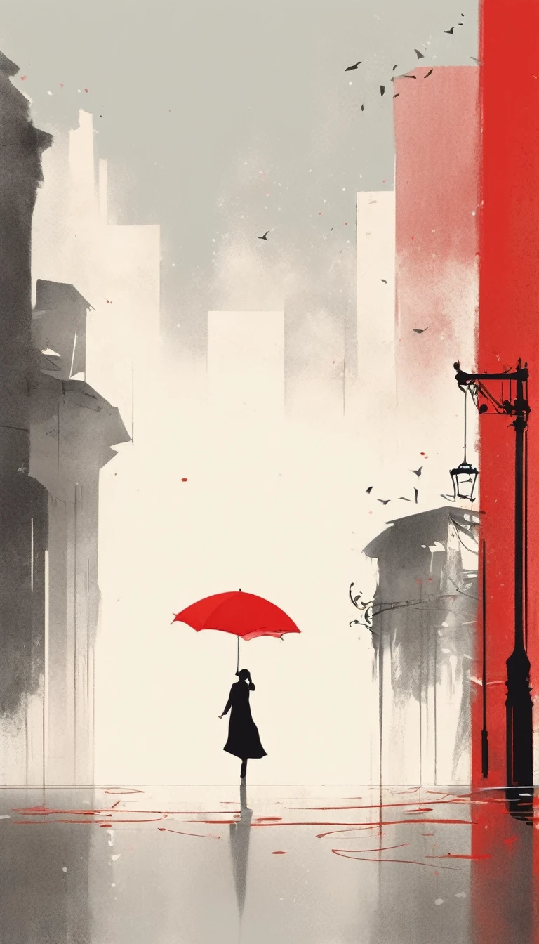 simple，Minimalist illustration，1pcs red umbrella-suspended in the air，solitary figure