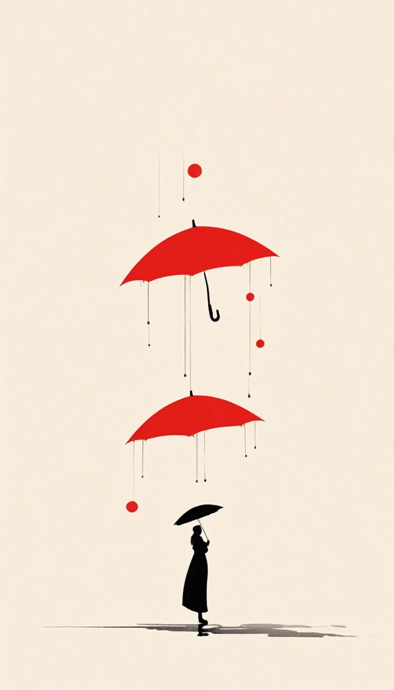 simple，Minimalist illustration，1pcs red umbrella-suspended in the air，solitary figure