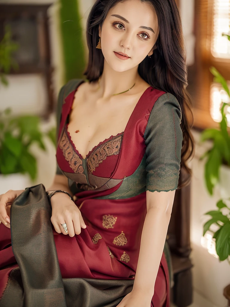 masterpiece, Best Quality, Illustration, Ultra-detailed, finely detail, hight resolution, 8K Wallpaper, Perfect dynamic composition, Beautiful detailed eyes,  Natural Lip, Dark red knitted dress , Big breasts, cleavage, Cross legs