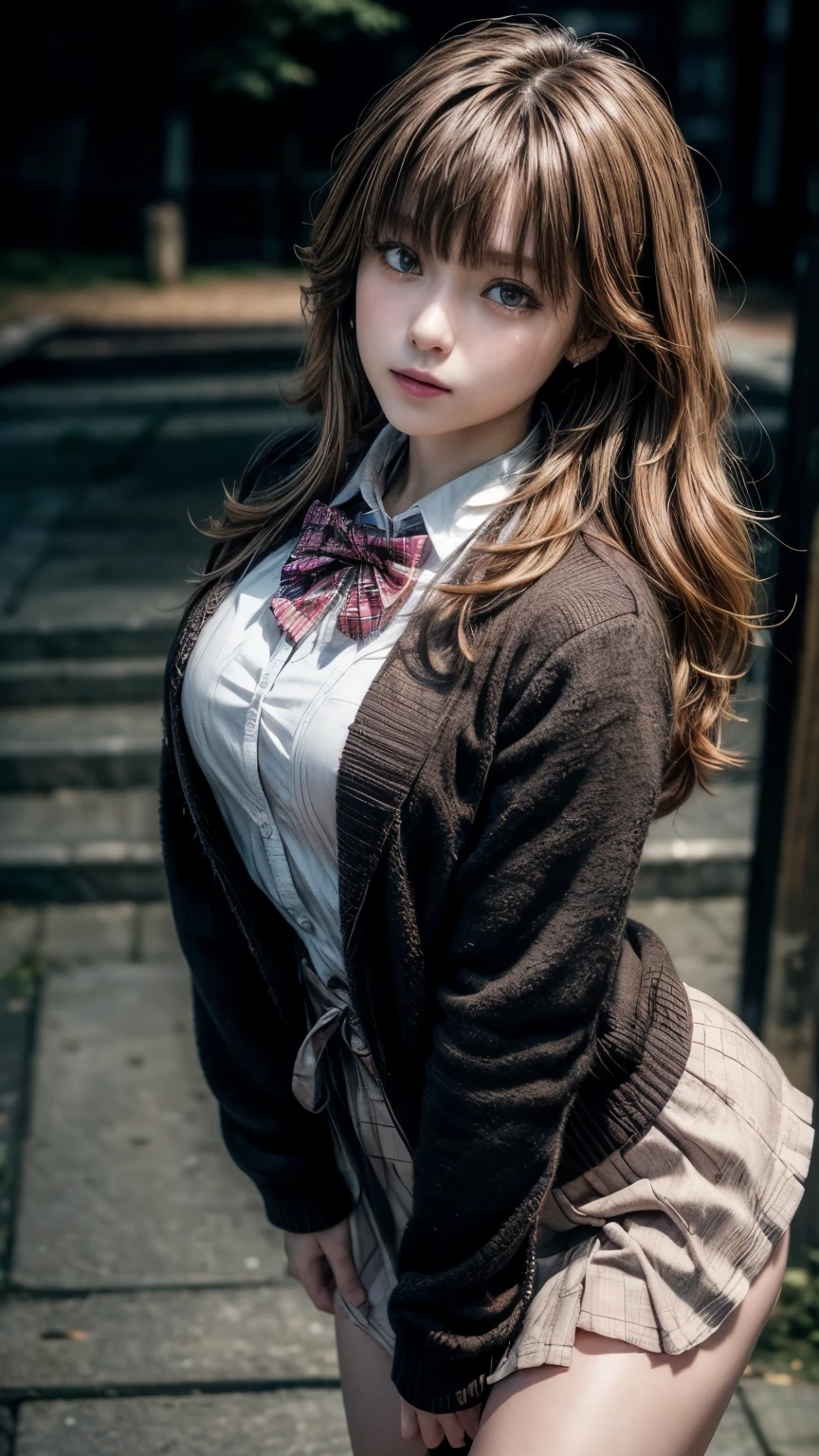 ((Tabletop, Highest quality, High resolution, Hmph, Pixel perfect, 4K, Hmph, Hmph))), One Girl, single, alone, Beauty、The whole body is visible、 ((Mid-wave hair, bangs, Brown Hair)), ((Brown eyes, Beautiful eyelashes, Realistic eyes)), ((Detailed face, Blushing:1.2)), ((Smooth texture:0.75, Realistic texture:0.65, Realistic:1.1, Anime CG Style)), Medium chest, Dynamic Angle, Perfect body, ((Red bow tie, , Black jacket, Open jacket, Brown cardigan, White shirt, Black Skirt, Checked skirt)), terminal station stairs、Looking up from the bottom of the stairs、A very embarrassed and flustered smile, looked back、Leaning forward、(The wind blew up her skirt, exposing her buttocks.............、Touch your buttocks with both hands、Pink lace panties)、