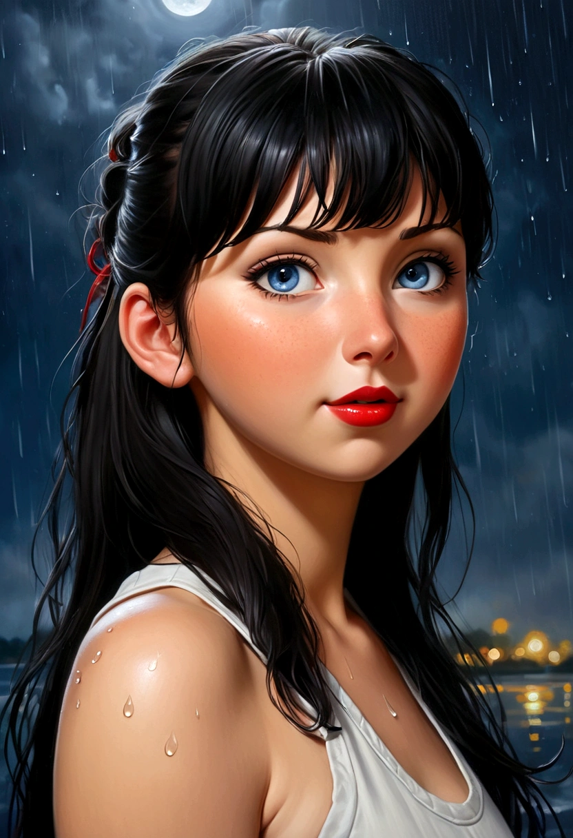 (((realistic face))), (((hinata face))), (((oily body))), (beautiful eyes), ((natural beauty)), smile, (more detailed fingers), girl, blue eyes, bright eyes, more details, (professional photo style), professional oil painting style, masterpiece style, realistic style, ((low image temperature -50)). (((realistic face))), more details, moonlit night, realistic wet raindrops are reflected in the image, paradise, night thunder and thunderstorm, (more details), cute style, (tanned skin), (((oil body))), (((realism face))), (realism face more detail), (((realistic face))), realism in the face well detailed in depth, (((oil paiting realism style))), black hair, swete style, long hair, (red lipstick)