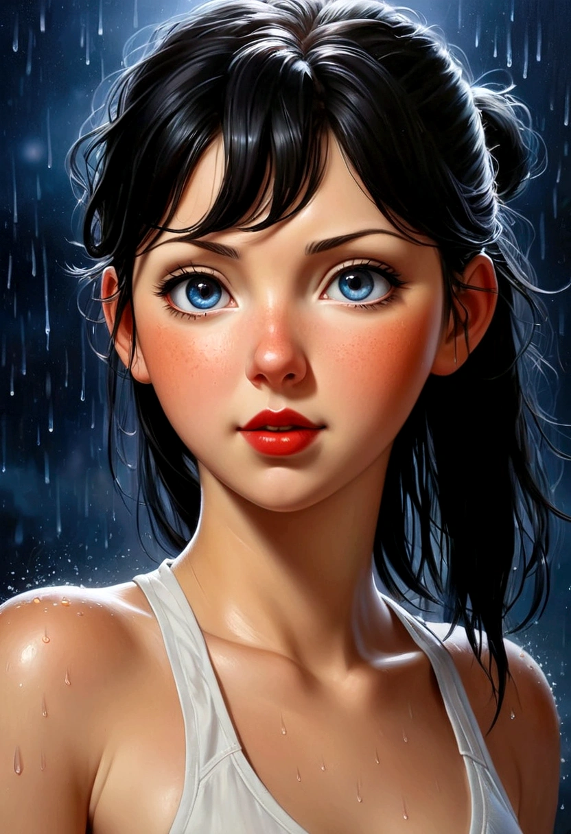 (((realistic face))), (((hinata face))), (((oily body))), (beautiful eyes), ((natural beauty)), smile, (more detailed fingers), girl, blue eyes, bright eyes, more details, (professional photo style), professional oil painting style, masterpiece style, realistic style, ((low image temperature -50)). (((realistic face))), more details, moonlit night, realistic wet raindrops are reflected in the image, paradise, night thunder and thunderstorm, (more details), cute style, (tanned skin), (((oil body))), (((realism face))), (realism face more detail), (((realistic face))), realism in the face well detailed in depth, (((oil paiting realism style))), black hair, swete style, long hair, (red lipstick)