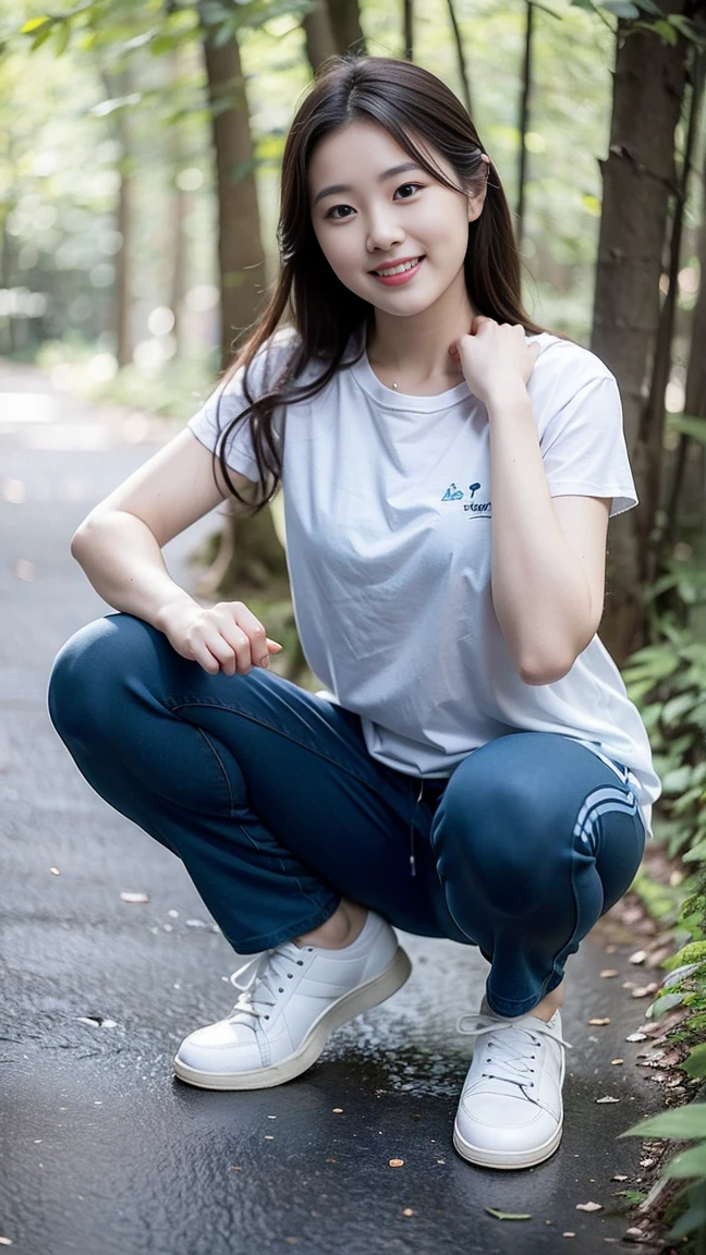 masterpiece, best quality, Surreal, Ultra Detailed, 8k resolution, RAW photos, Clear focus, (A girl in the forest), ((navy blue shirt:1.1)), Short sleeve, Long sweatpants,Full body posture, Solitary, Perfect body, Become a, 32 inches in the chest,(a charming smile:1), (sexy pose)，26 years old, light,White shoes