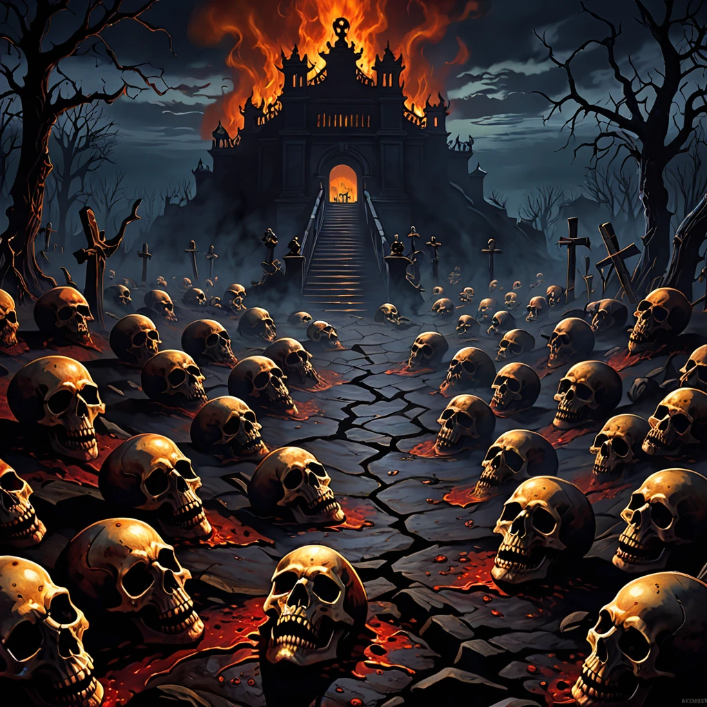 (Night Landscape), Horror, Haunted, Corpses, Skulls, Image Depicting Hell, Necronomicon, Image Style Painting, Realistic, Shadows, HD, High Quality, Cinematic