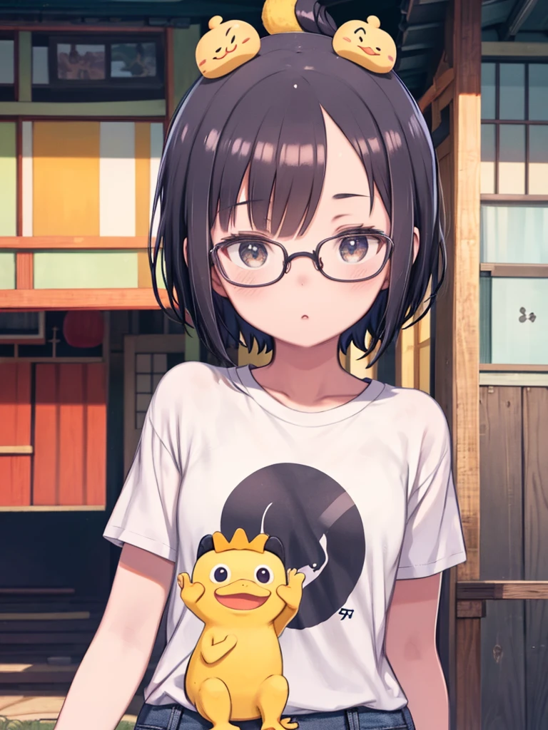 A girl wearing a white short-sleeved T-shirt、Black Hair、Shortcuts、Wear round glasses on your head、Jeans Trousers、A T-shirt with a cartoon big yellow frog printed on it、Upper Body、Rural residential area of Japan、