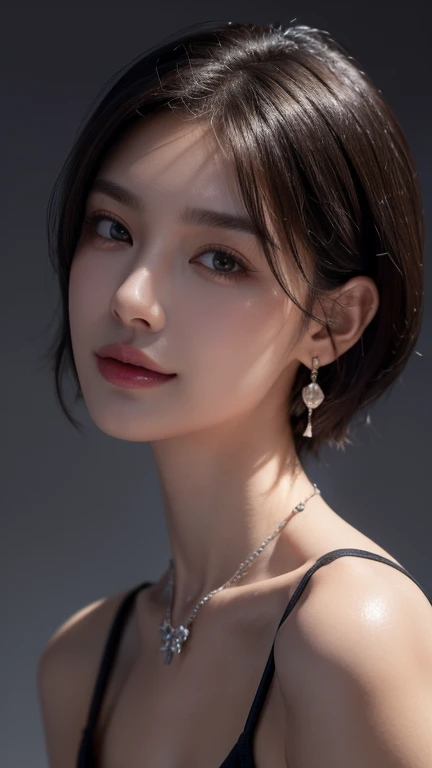 (best quality, 8k, 32k, masterpiece, ultra high res :1.3), (photorealistic:1.4),(Advertising photo for luxury cosmetics), fashion model, looking at viewer, forehead, thick eyebrows, lustrous lips, black short hair, simple background, subtle smile, (Professional lighting),