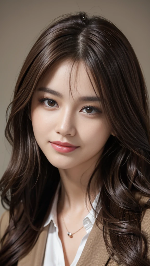 On the table, best quality, Practical, Ultra Detailed, Finely, high resolution, 8k wallpaper, 1 beautiful woman,, Light brown messy hair, Wearing a suit, Clear focus, Perfect dynamic composition, Beautiful and delicate eyes, Thinning hair, Detailed Practical skin texture, Smile, Close-up portrait, Model figure
