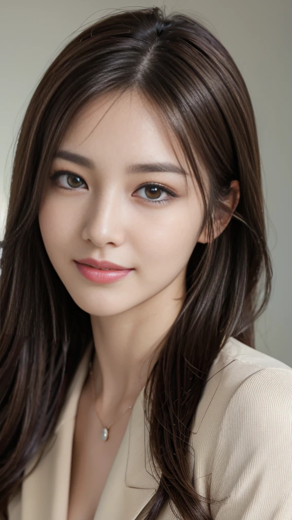On the table, best quality, Practical, Ultra Detailed, Finely, high resolution, 8k wallpaper, 1 beautiful woman,, Light brown messy hair, Wearing a suit, Clear focus, Perfect dynamic composition, Beautiful and delicate eyes, Thinning hair, Detailed Practical skin texture, Smile, Close-up portrait, Model figure