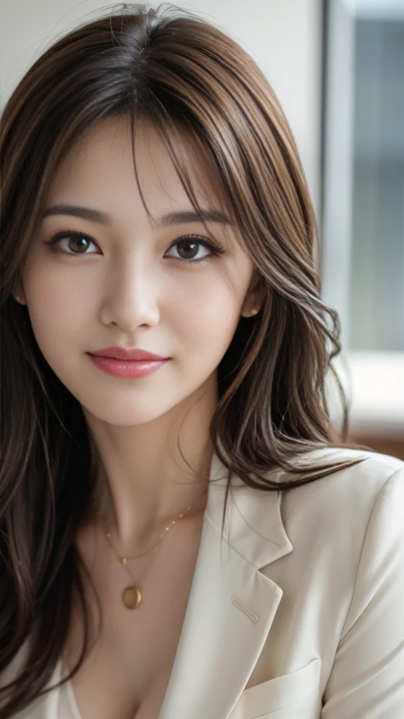 On the table, best quality, Practical, Ultra Detailed, Finely, high resolution, 8k wallpaper, 1 beautiful woman,, Light brown messy hair, Wearing a suit, Clear focus, Perfect dynamic composition, Beautiful and delicate eyes, Thinning hair, Detailed Practical skin texture, Smile, Close-up portrait, Model figure
