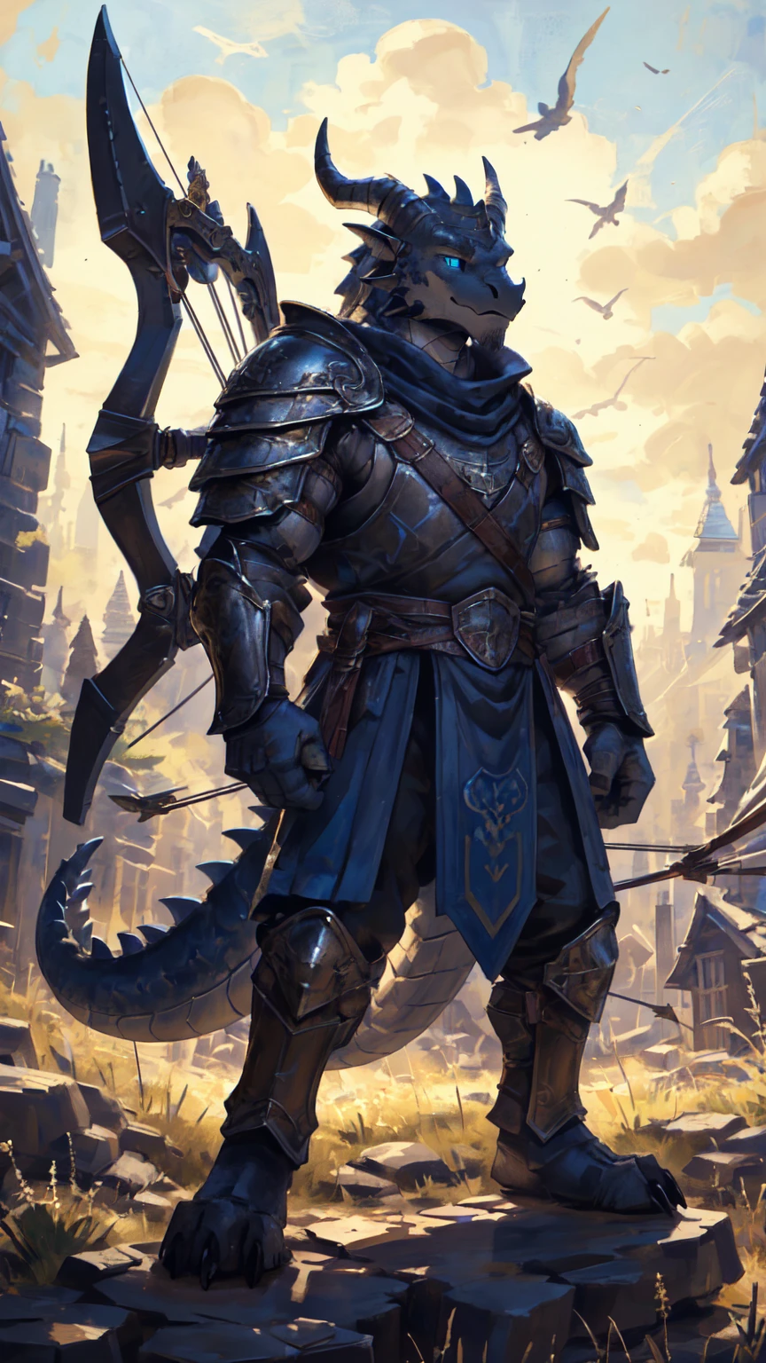 ((middle Ages:1.3,Range background:1.5)),Royal Family:1.2,((Crossbowmen:1.6,Crossbow in hand:1.5)),((sunny:1.4)),high resolution,4K,(((9:16 Whole body:1.1,Strike a pose:1.5))),masterpiece,high quality,((dragon)),male,dragonFurry,(teenager:1.3),hairy,((Heroic and Calm:1.4)),(((Slender face:1.2,Lean:1.2,Long legs:1.3,Thick dragon tail:1.2))),(((Gray head:1.2,Blue pupils:1.2,neck:1.3,Gray Hands:1.4,muscle:1.3))),(((White Armor:1.3,There is a blue flag on the armor:1.4))),Exquisite eyes,Detailed body,Detailed hands,Detailed feet,Kenket's Art