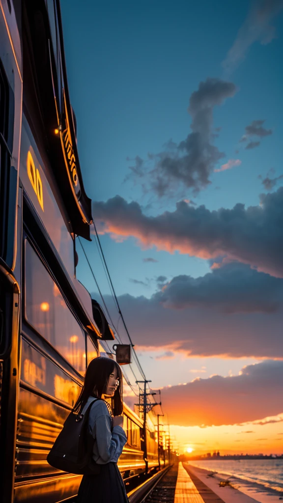 Sunset, train running along the coastline, standing in front of a railroad crossing, Japanese girl in her 20s, back view
