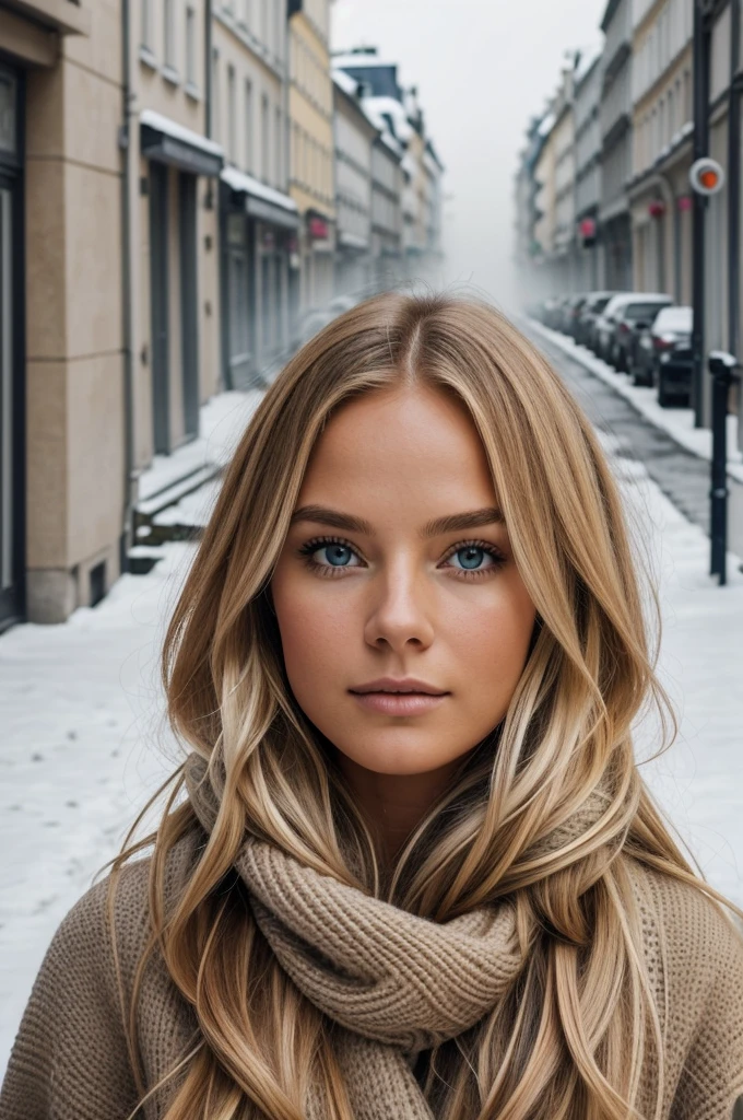 proFessional portrait photograph oF a gorgeous Norwegian girl in winter clothing with long wavy blonde hair, sultry Flirty look, gorgeous symmetrical Face, joli maquillage naturel, wearing élégant warm winter Fashion clothing, ((debout dehors dans une rue enneigée de la ville)), superbe environnement urbain moderne, ultra réaliste, art conceptuel, élégant, très détaillé, complexe, sharp Focus, depth oF Field, F/1. 8, 85mm, Coup moyen, plan médian, (((proFessionally color graded))), bright soFt diFFused light, (volumetric Fog), tendance sur Instagram, hdr 4k, 8k