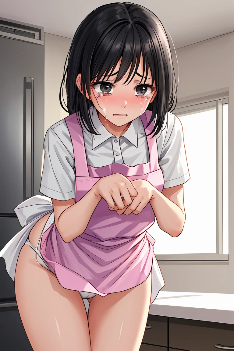Married Woman apron Black Hair White panties Leaning forward Holding back tears
