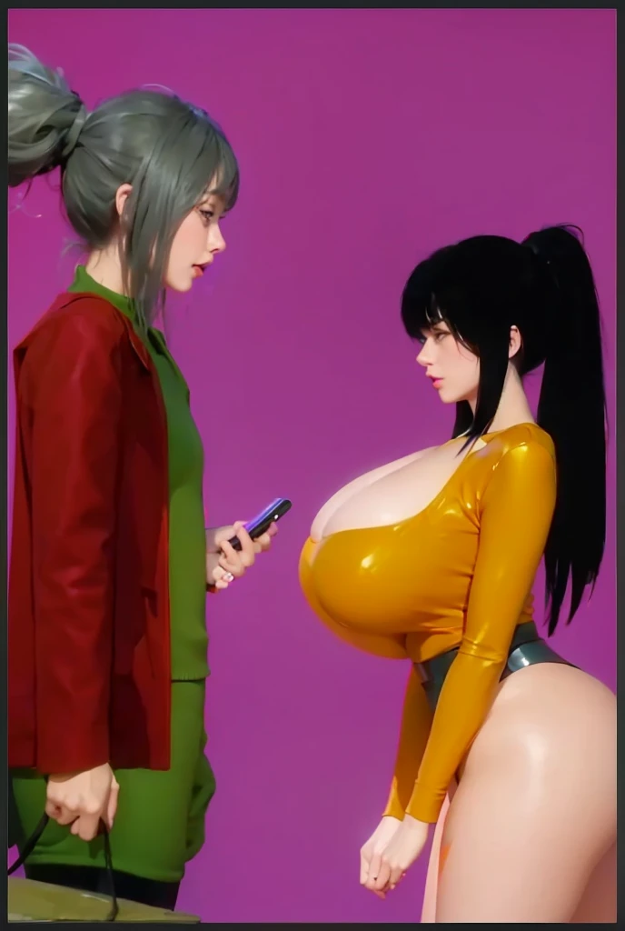 (photorealistic:1.4), (masterpiece, sidelighting, finely detailed beautiful eyes: 1.2), masterpiece*portrait, realistic, 3d face, good photo, 4k, high quality, high resolution, hyper detail, realistic, reality, smooth graphics, realistic sexy wears, 3D, best resolution, sexy, good contrast, perfect shading, realistic skin texture, finely detailed, dramatic lighting, realistic lighting, amazing shadows, sexy and hot, huge breasts about to burst, huge butts, thicc thighs, everything she wears is tight, shiny and skinny, , shiny hair, extreme shiny skin, tight skinny shiny latex short pants,, a man and a woman, side view, man(green sweater under, red leather wears on