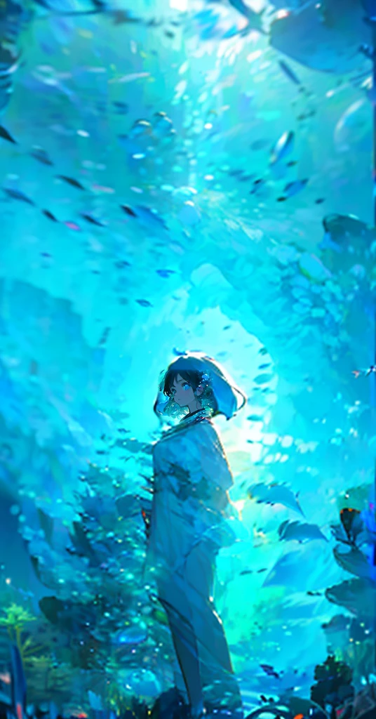 (Pieces fly), (Highest quality), Very detailed, 1 Girl, Perfect Face, (Solo full body shot:1.3), Very detailed顔，(Short bob with blue hair:1.5)，(blue eyes:1.4)，(Underwater:1.4)，(White Dress:1.5)，Ocean，Big whale、School of small fish，Light，bubble，jellyfish，Ocean藻，(深Ocean:1.4)，Fantasy，Ocean底，float，(smile:1.3)