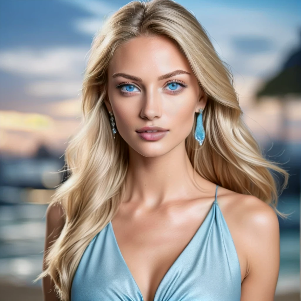 Full-length hyperrealistic photograph of a beautiful woman, 30 years old, australian, top model, athletic body, white summer dress, very light blonde hair, ((light and bright blue eyes)), small diamonds earrings in ears, very long eyelashes, sensual lips, provocative expression. medium breasts, walking in the beach in Bora Bora