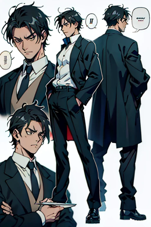 Guy with short black hair smoking and talking, full body shots, manga page with panels and dialogue