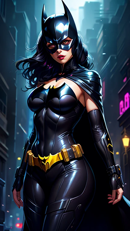 realistic, best quality, (masterpiece:1.2), absurdres, (1girl, solo), fashion photography of superhero, lips, small breasts, beautiful, makeup, mascara, lip gloss, black hair, a beautiful woman wearing Batman Costume, black cape, black helmet, black domino mask, full body portrait, soft design, natural lights, looking at viewer, (Dark midnight neon glow cyberpunk Gotham City background:1.3)