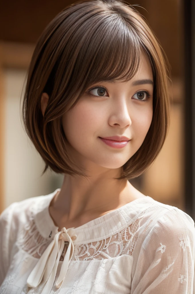"A stylish woman in her 30s to 40s with an elegant, seductive bob hairstyle in ash brown, characterized by a soft and voluminous texture. She is wearing a white or beige band collar shirt made of soft, flowing fabric that drapes beautifully. The background is white and minimalist, ensuring the focus is on her hairstyle and outfit. The woman's face is not visible, and she has her head tilted slightly to the side, highlighting the sleek lines and layers of her bob haircut."
