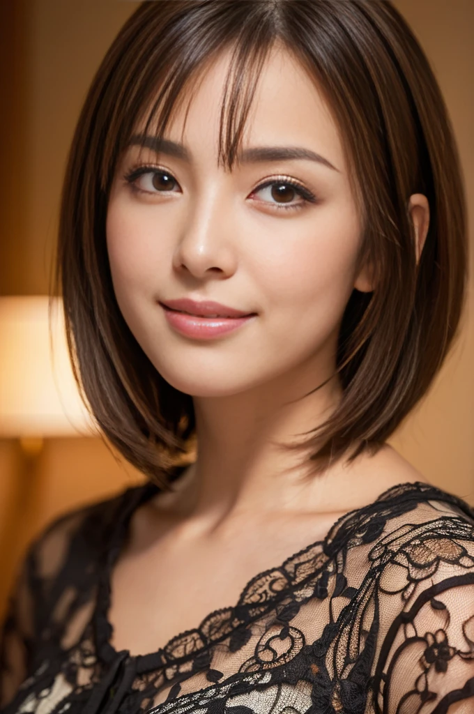 (Raw photo), (Photoreal), (masterpiece), (highest quality), High resolution, 8K resolution, (intricate details), (light with volume), Portrait, woman, 40 years, short hair, straight hair, layered hair, brown haired, highly detailed eyes, ordering sauce, highly detailed eyebrows, highly detailed skin, highly detailed mouth, highly detailed nose, cute like an idol, Smile, ((thick lips)), ((look at the audience)), (classy blouse)
