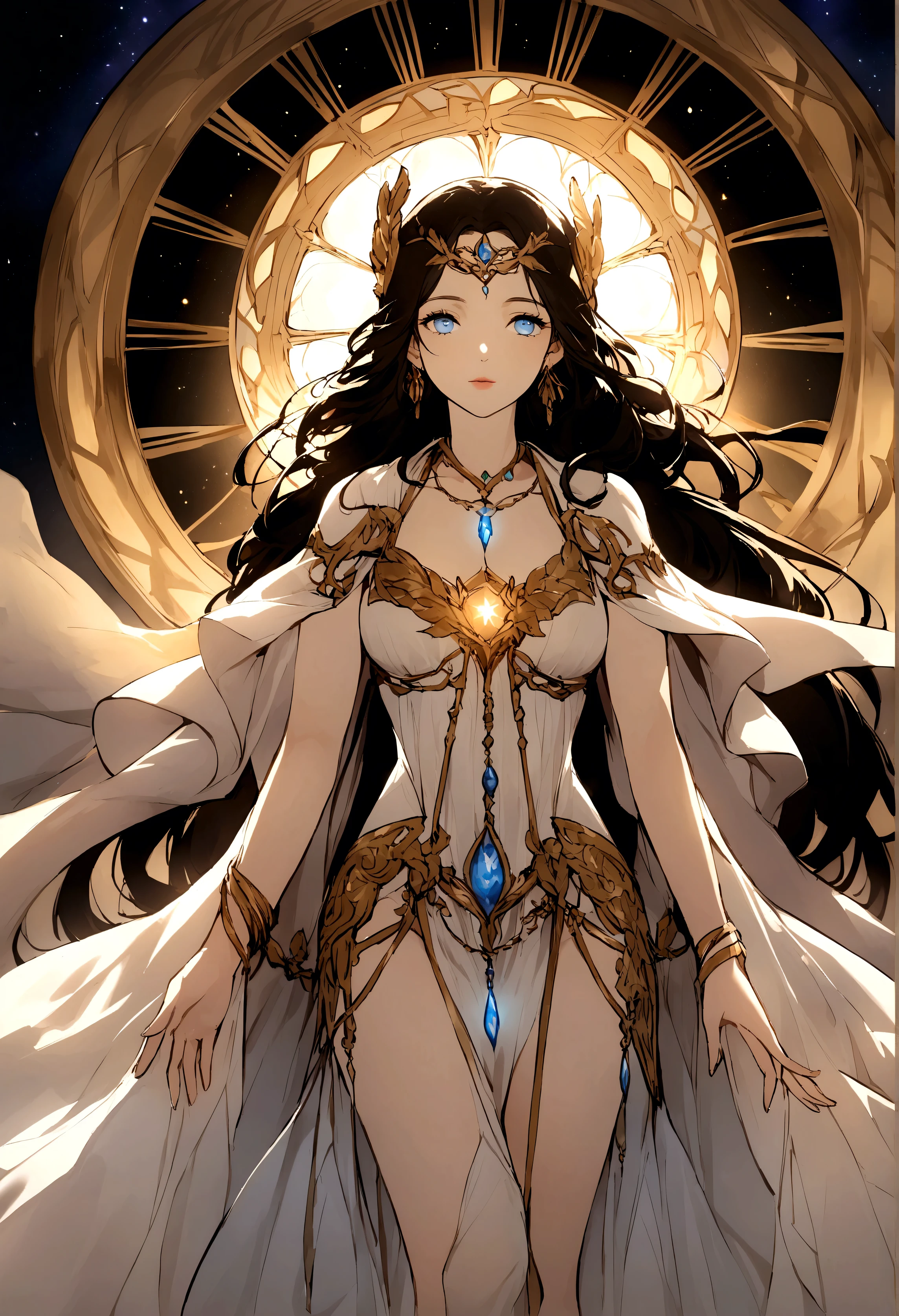 Create an image of Lyra, the semi-goddess, depicted with subtlety and intricate details that capture her divine essence. Lyra is portrayed as a figure of ethereal beauty and power, with long, flowing dark hair cascading in soft curls around her shoulders. Her eyes, deep and luminous, reflect both compassion and the unwavering determination of a leader. She exudes a celestial aura that radiates a gentle luminescence, symbolizing her connection to realms beyond the material world.
Lyra is adorned in robes of shimmering silk, which billow like water vapor, seemingly woven with threads of stardust. Adornments such as bracelets encrusted with gemstones emit a soft glow, and a pendant around her neck contains what appears to be a miniature universe. Her attire and accessories denote her status as a semi-goddess, embodying both elegance and a profound spiritual presence.
In the background, the scene should evoke a sense of divine tranquility and cosmic wonder. Imagery of nebulous clouds and distant stars subtly frame Lyra, underscoring her role as a guiding force amidst the cosmos. The overall composition should capture the essence of Lyra as a revered semi-goddess, embodying grace, wisdom, and otherworldly beauty.
