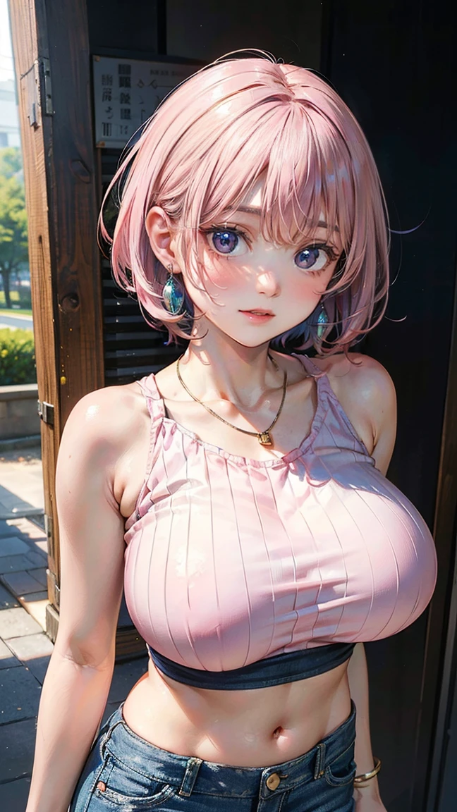 (Masterpiece, BestQuality:1.3), (ultra detailed:1.2), (hyperrealistic:1.3), (RAW photo:1.2), High detail RAW color photo, professional photograph, (Photorealistic:1.4), (realistic:1.4), professional lighting, perfect anatomy, (Big Breasts:1.2), (blush, detailed face), (A happy smile:1.7), Trending Hair&Trending Hairカラーをランダムに, earrings, necklace, bracelet, sexly, erotic sexly, Random sexy gravure poses, (A woman wearing a yellow crop top and denim shorts、公園でアイスクリームを食べながらA happy smileでセクシーなグラビアポーズをとっている。Her pink bob hair is distinctive.。:1.3)