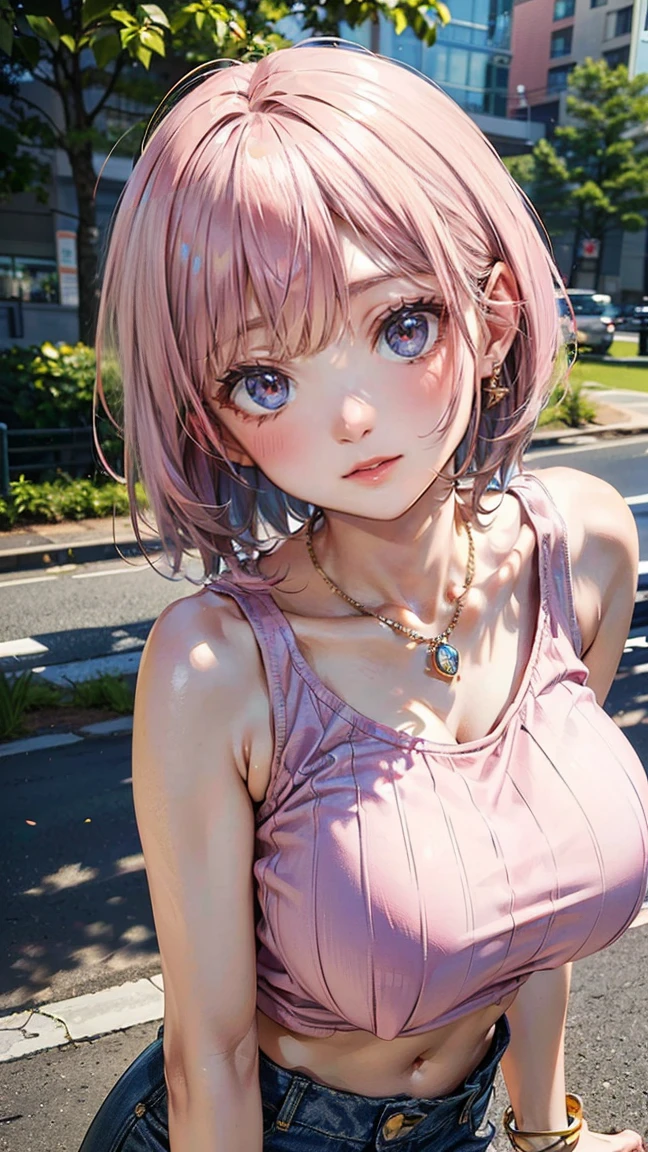 (Masterpiece, BestQuality:1.3), (ultra detailed:1.2), (hyperrealistic:1.3), (RAW photo:1.2), High detail RAW color photo, professional photograph, (Photorealistic:1.4), (realistic:1.4), professional lighting, perfect anatomy, (Big Breasts:1.2), (blush, detailed face), (A happy smile:1.7), Trending Hair&Trending Hairカラーをランダムに, earrings, necklace, bracelet, sexly, erotic sexly, Random sexy gravure poses, (A woman wearing a yellow crop top and denim shorts、公園でアイスクリームを食べながらA happy smileでセクシーなグラビアポーズをとっている。Her pink bob hair is distinctive.。:1.3)