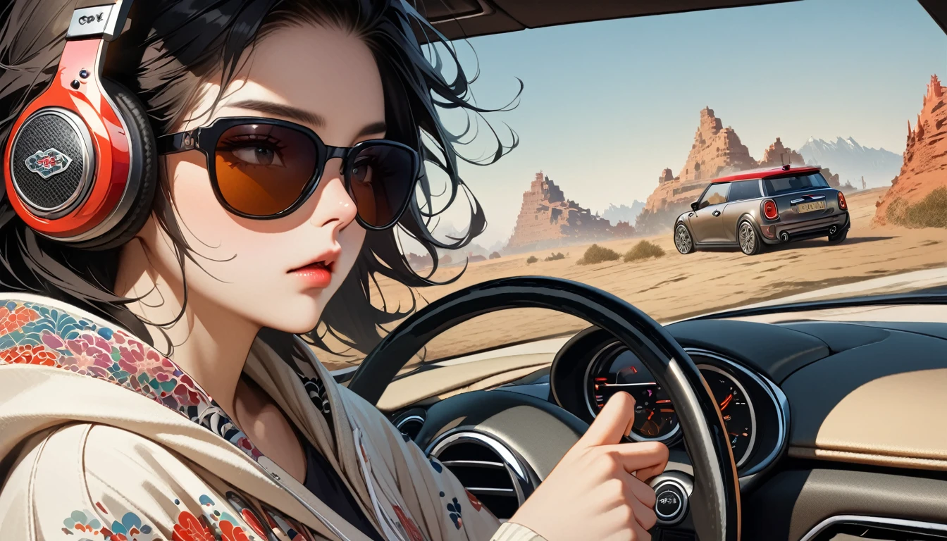 ((8k of extremely detailed CG unit, Masterpiece, high resolution, highest quality, highest quality real texture skin)), (wearing Japanese pattern headphones), ((1 girl)), (((Driving a Mini Cooper))), (((sunglasses))), (Japanese pattern hoodie, Japanese-style shorts), (Black hair, messy hair, beige skin), (surreal, digital painting)