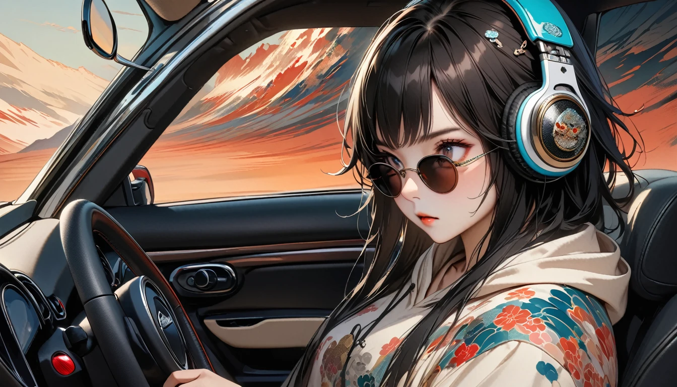 ((8k of extremely detailed CG unit, Masterpiece, high resolution, highest quality, highest quality real texture skin)), (wearing Japanese pattern headphones), ((1 girl)), (((Driving a Mini Cooper))), (((sunglasses))), (Japanese pattern hoodie, Japanese-style shorts), (Black hair, messy hair, beige skin), (surreal, digital painting)