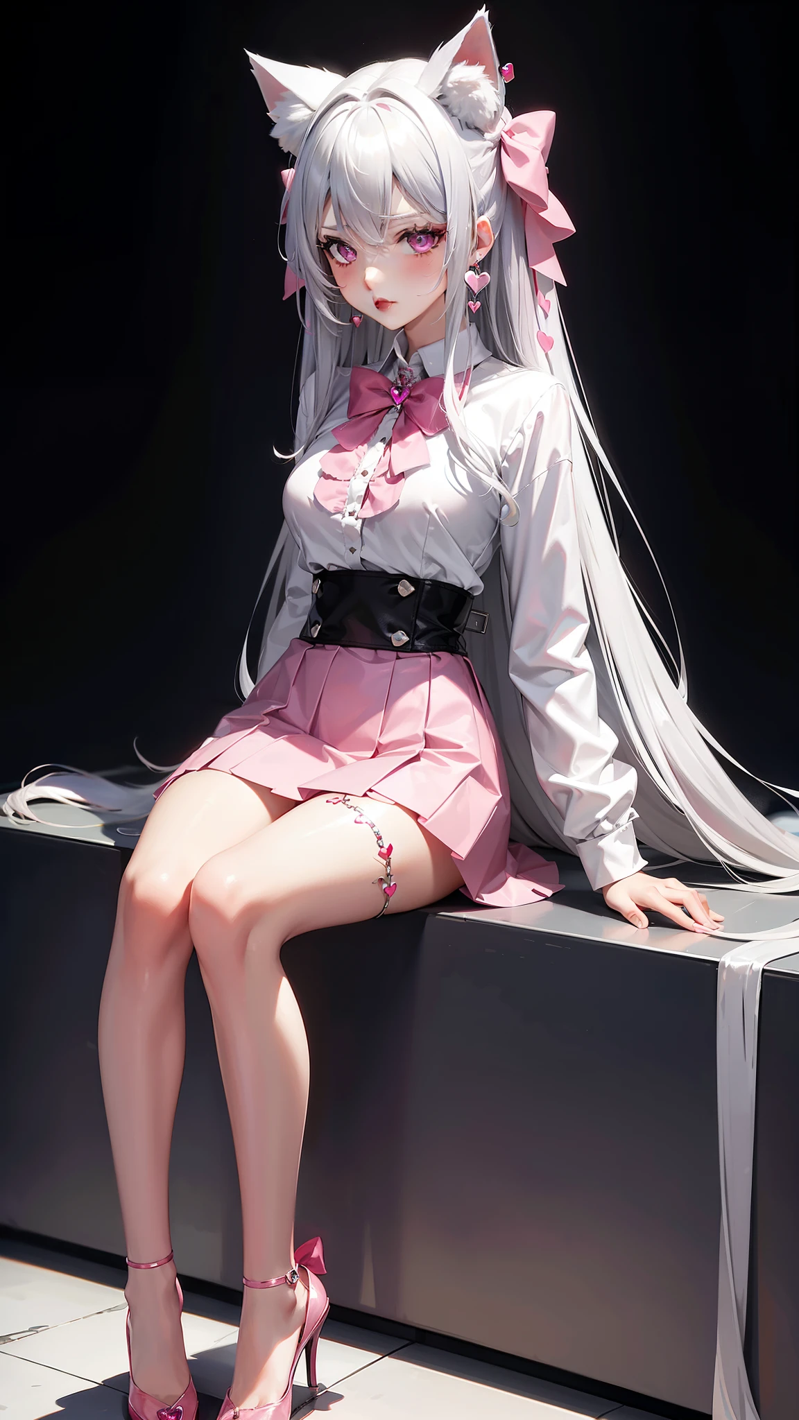 Silver hair, pink eyes, body, cat ears, sexy girl, earrings, hearts background fantasy, red pink skirt uniform, hair bows, sit down 