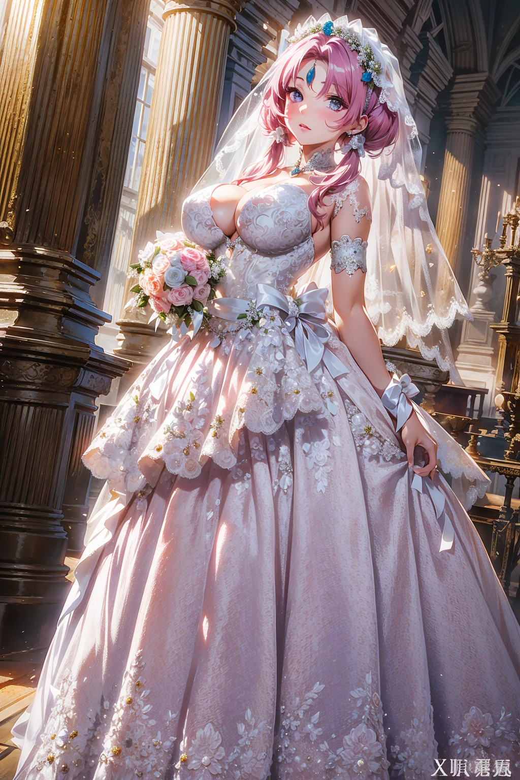 absurd, 8K, high resolution, ultra detailed, beautiful, masterpiece, best quality, very pretty woman, young, very pretty woman, sexy, (very big boobs:1.1), Detailed woman's face, very attractive, (wedding dress:1.4), full body, detail_face, fu xuan, pink hair, bow-shaped hair, parted bangs, low twintails, hair stick, forehead jewel, 