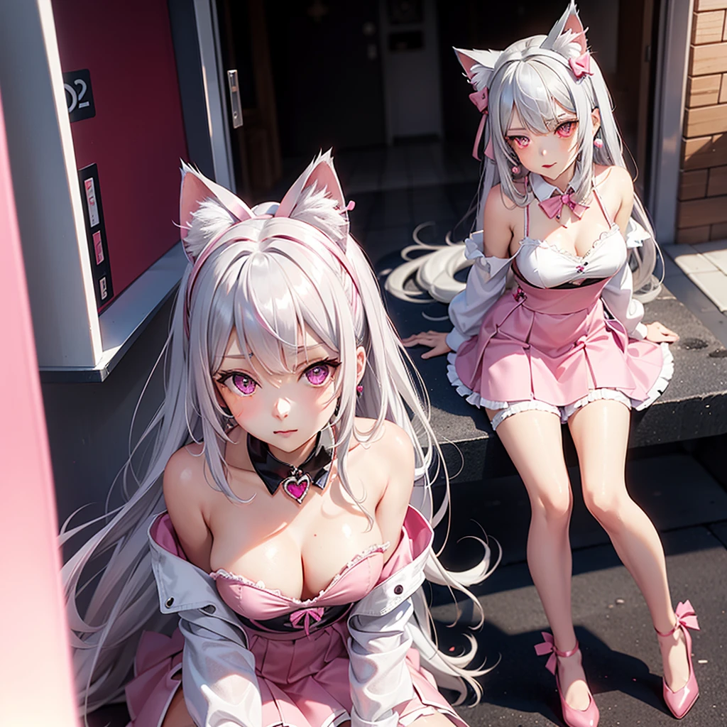 Silver hair, pink eyes, body, cat ears, sexy girl, earrings, hearts background fantasy, red pink skirt uniform, hair bows, sit down