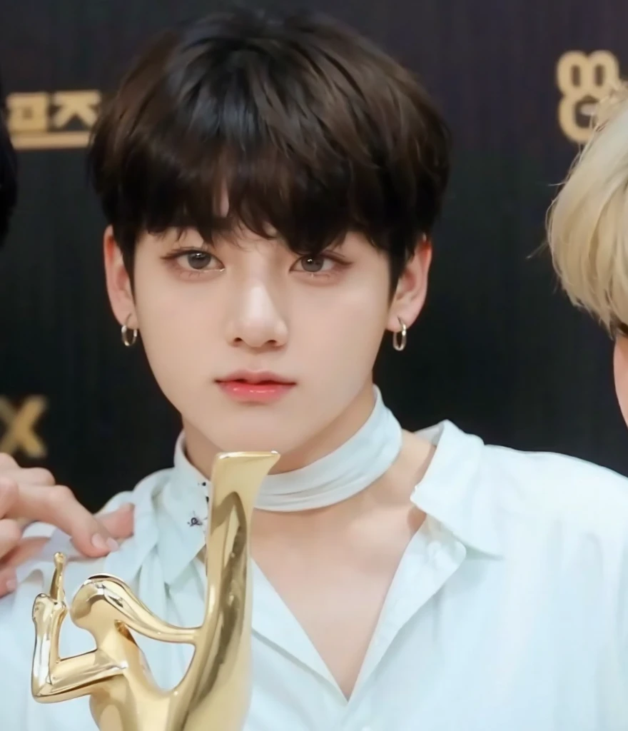 Kpop boy, Jeon Jungkook, smooth skin, big eyes, beautiful lips.