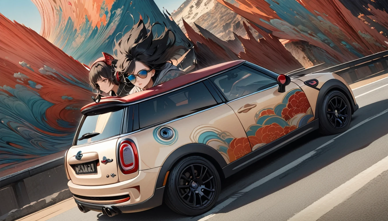 ((8k of extremely detailed CG unit, Masterpiece, high resolution, highest quality, highest quality real texture skin)), (wearing Japanese pattern headphones), ((1 girl)), (((Driving a Mini Cooper))), (((sunglasses))), (Japanese pattern hoodie, Japanese-style shorts), (Black hair, messy hair, beige skin), (surreal, digital painting)